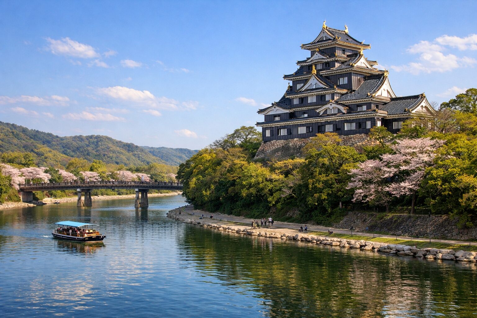 Traditional Japanese castle beside river with boat and cherry blossoms
