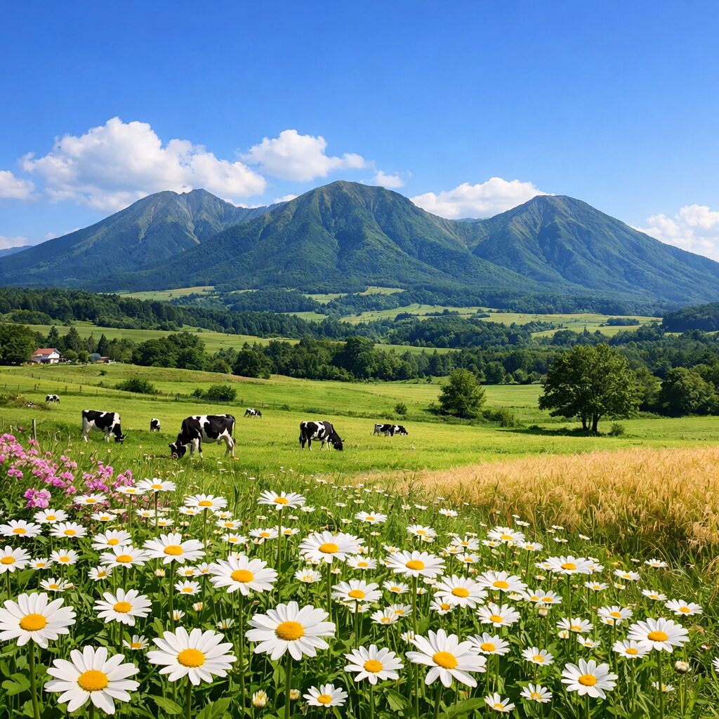 Field of daisies and cows grazing with green mountains in the background under blue sky