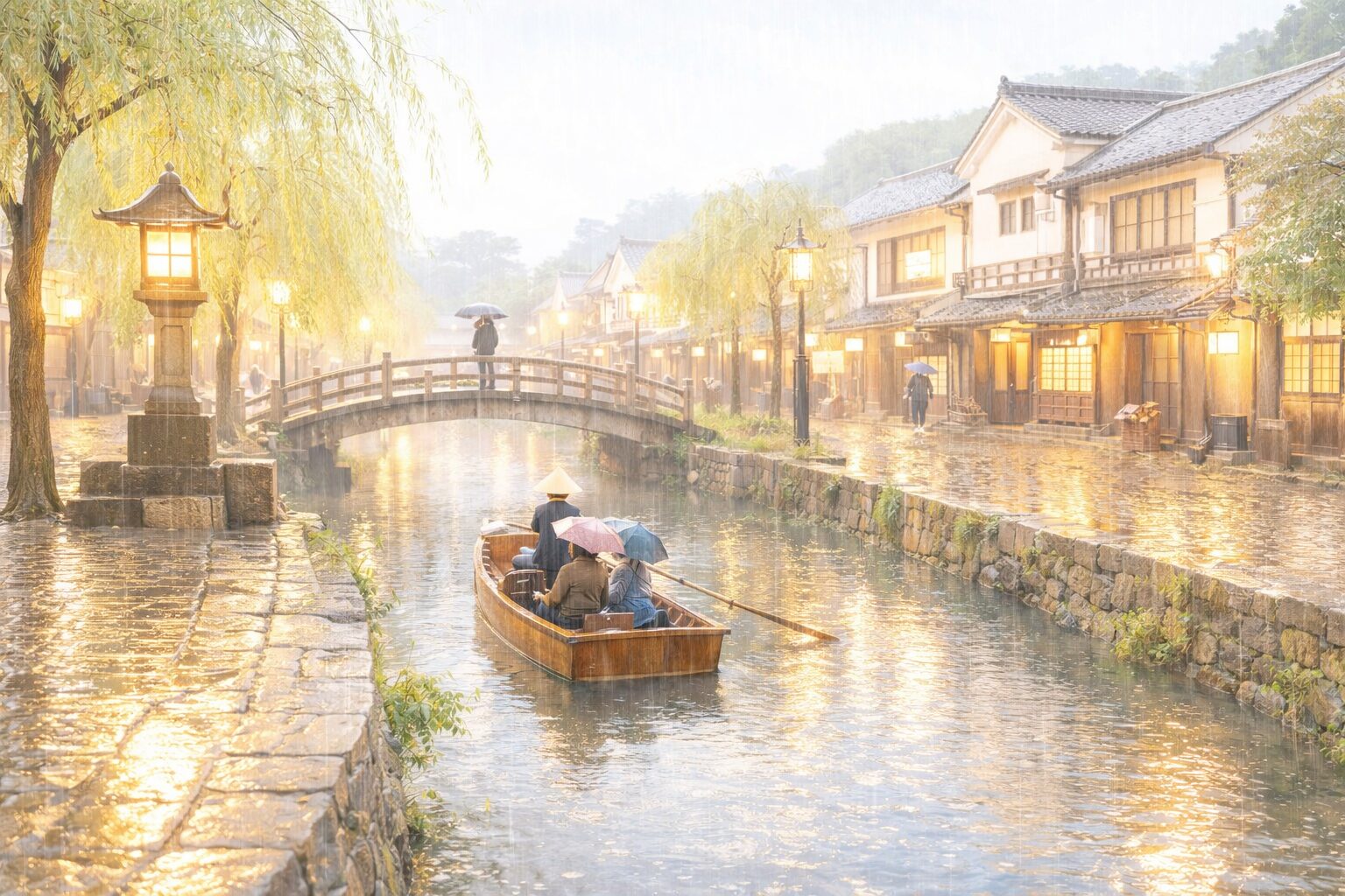 Traditional village canal with boat and illuminated lanterns on a rainy evening
