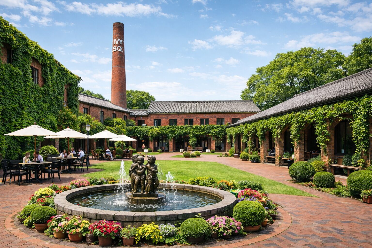 Courtyard with fountain of three children, surrounded by flowers and ivy-covered buildings